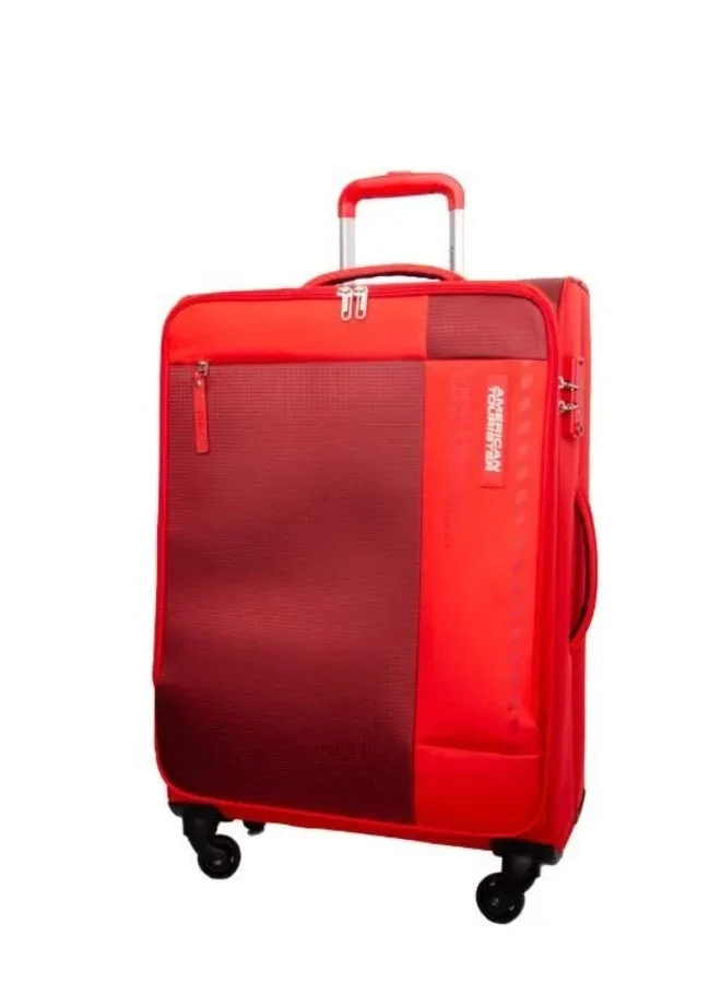 AMERICAN TOURISTER Marina Suitcase, Cabin Size 57 cm, 4 Spinner Wheels, Soft Top, 100% Polyester, Red|Inner Mesh Zippered Pocket|Expandable|TSA Lock|Voluminous Front Pocket - 3 Years International Warranty